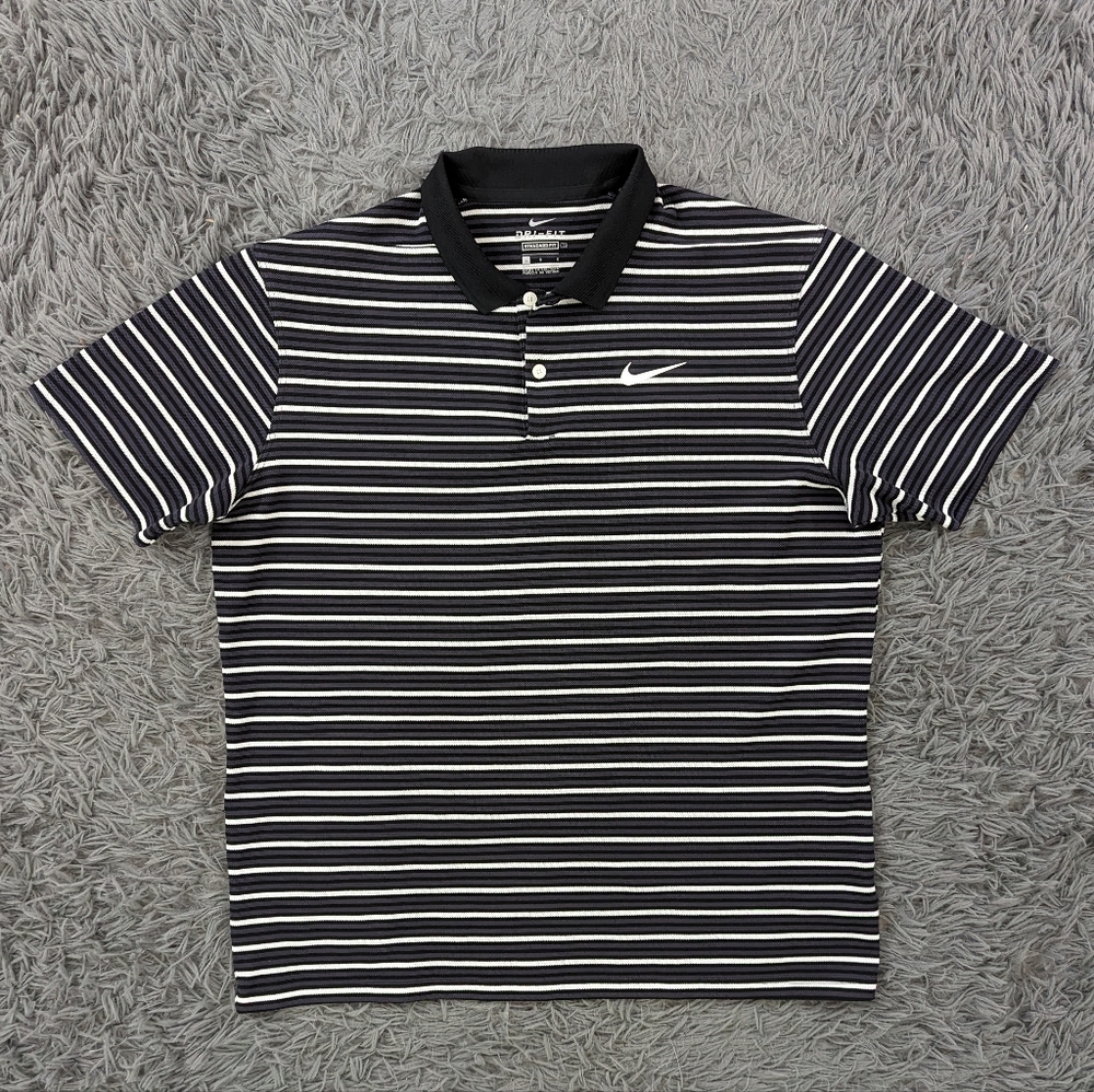Nike Polo Shirt Men's Large Black Gray White Stripes Golf Standard Fit